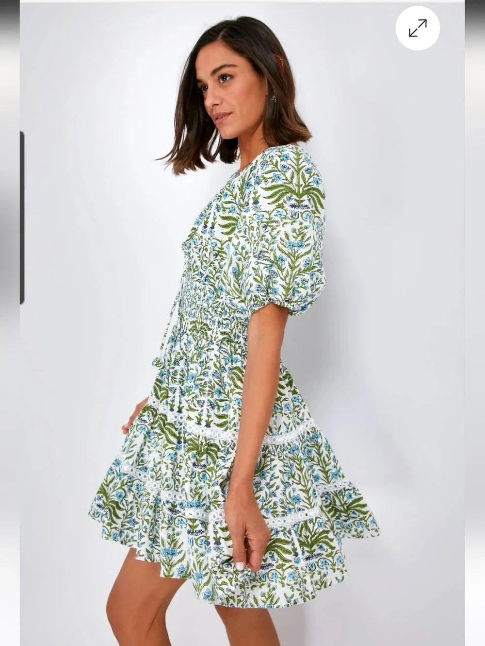SAYLOR White Floral Puff-Sleeve Mini Dress with Green Print - Picture 3 of 16